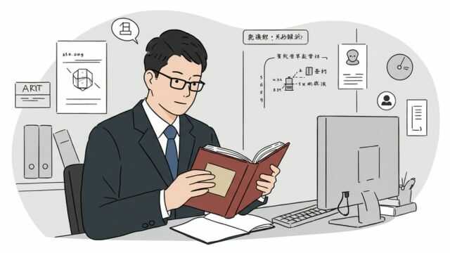 労働法の本を読みながらボーナス返還義務について確認する日本人男性会社員。
