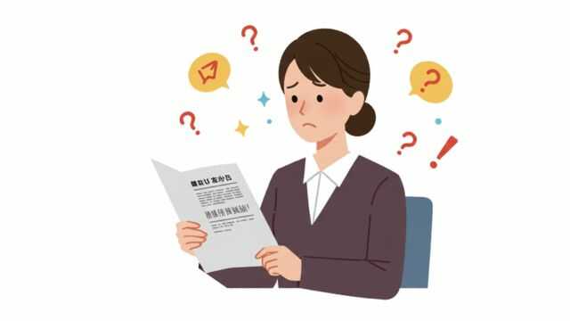 就業規則を確認しながらボーナス返還要求について不安そうに考える日本人女性。